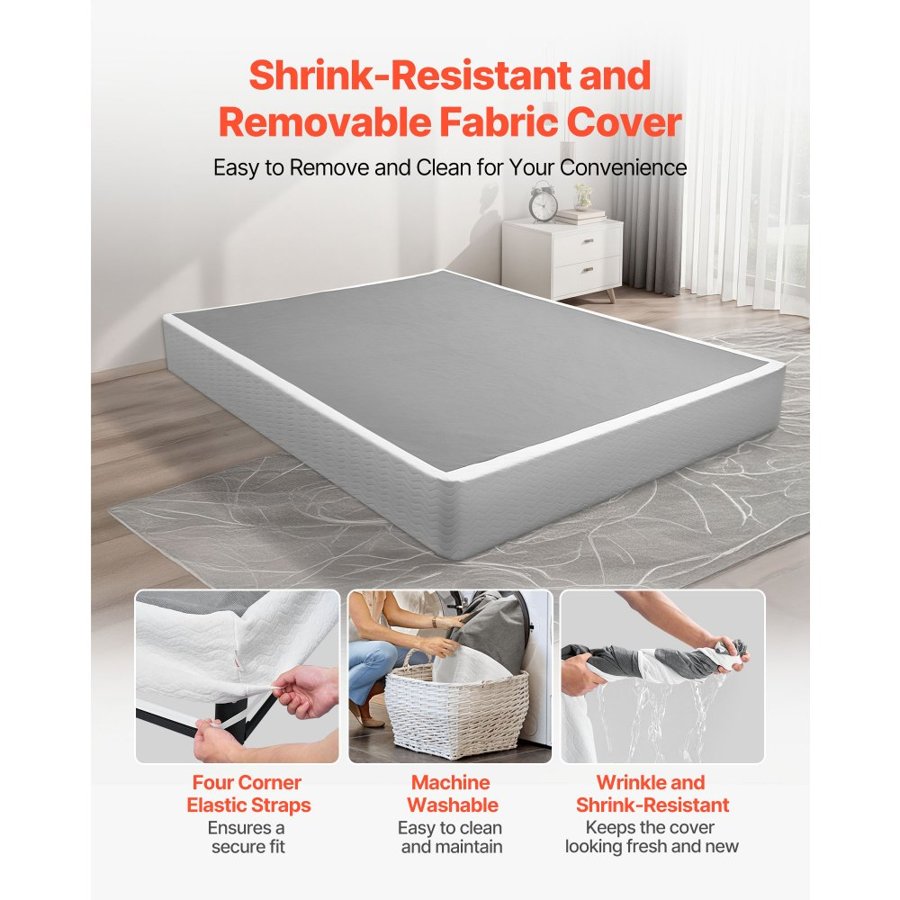 VEVOR Box Spring, Queen Size Bed Frame with Washable Fabric Cloth, Heavy Duty Metal Frame for Queen Bed, 230 mm Mattress Foundation, 3500 lbs Max Weight Capacity, Easy Assembly, 2010 x 1515 x 230 mm