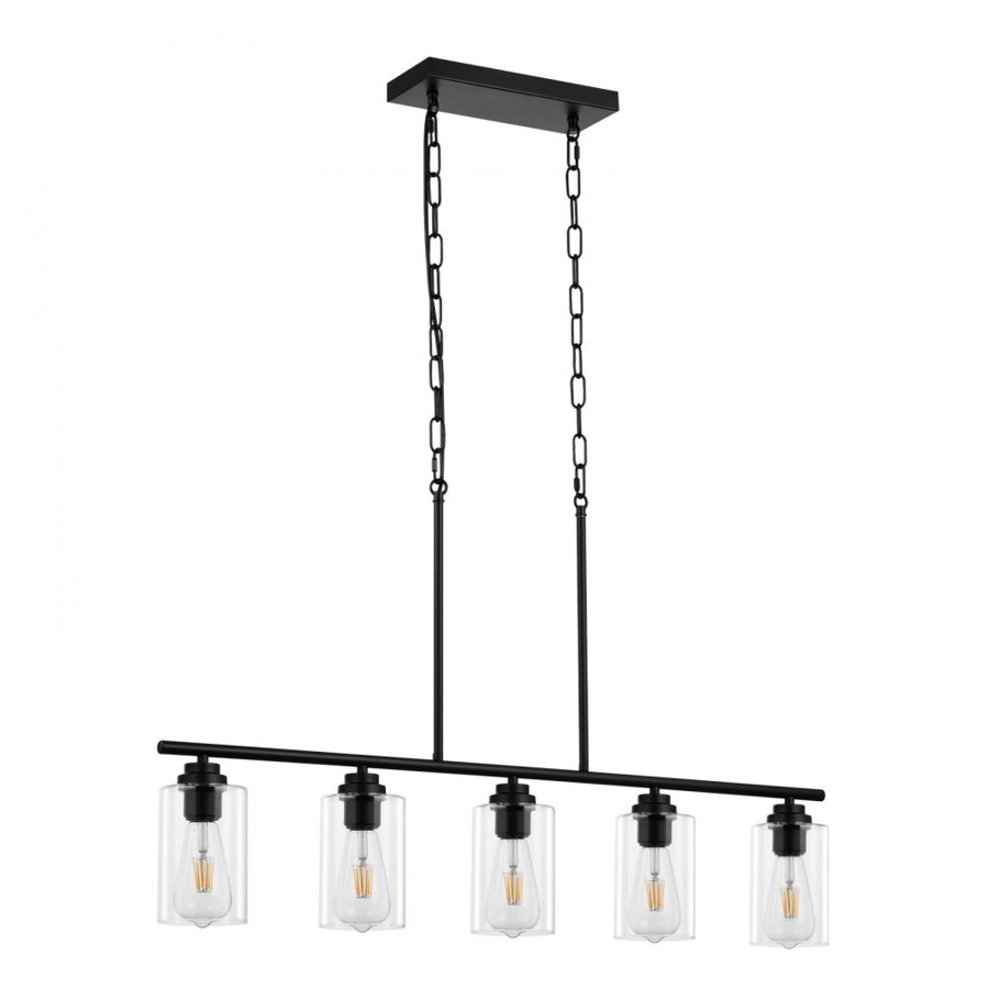 VEVOR 5-Light Kitchen Island Pendant Lights, 60W, Adjustable Dining Room Light Fixture with Clear Glass Lampshade 4 Rods 2 Metal Chains, Metal Frame Farmhouse Linear Chandeliers for Dining Room, E27