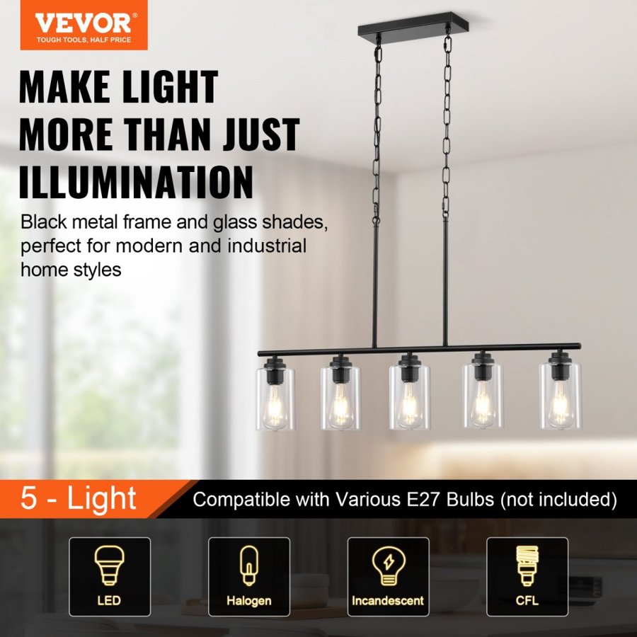 VEVOR 5-Light Kitchen Island Pendant Lights, 60W, Adjustable Dining Room Light Fixture with Clear Glass Lampshade 4 Rods 2 Metal Chains, Metal Frame Farmhouse Linear Chandeliers for Dining Room, E27