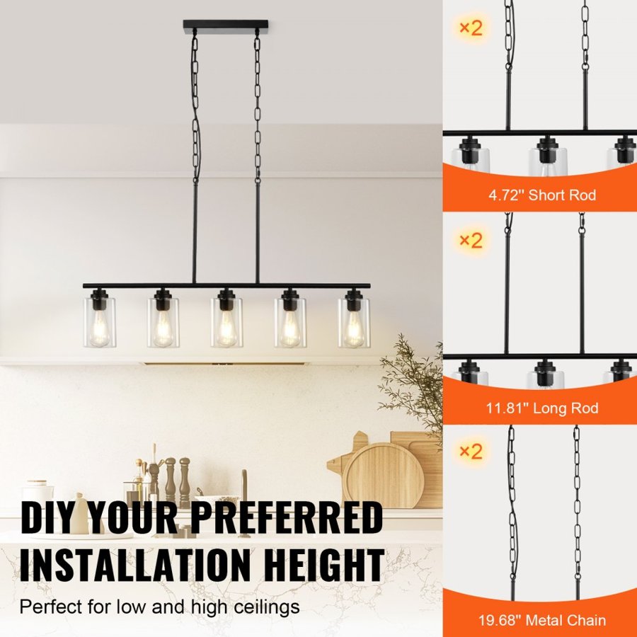 VEVOR 5-Light Kitchen Island Pendant Lights, 60W, Adjustable Dining Room Light Fixture with Clear Glass Lampshade 4 Rods 2 Metal Chains, Metal Frame Farmhouse Linear Chandeliers for Dining Room, E27
