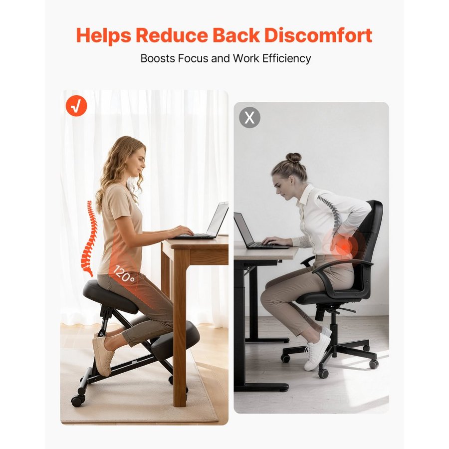 VEVOR Ergonomic Kneeling Chair with Wheels, Mobile X-Shaped Posture Knee Chair with Adjustable Height & Thick Foam Cushions, Natural Relief for Neck or Back Pain for Home, Office or Meditation, Black