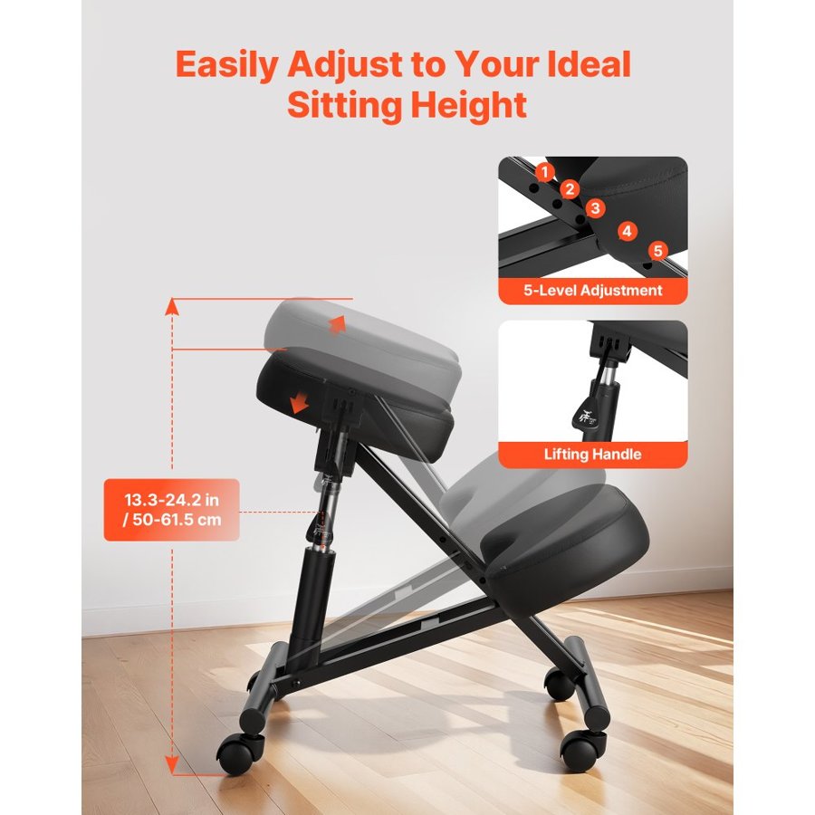VEVOR Ergonomic Kneeling Chair with Wheels, Mobile X-Shaped Posture Knee Chair with Adjustable Height & Thick Foam Cushions, Natural Relief for Neck or Back Pain for Home, Office or Meditation, Black