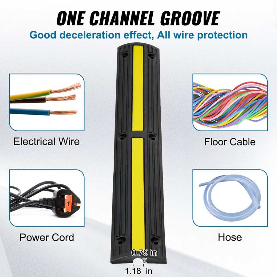 VEVOR Cable Protector Ramp 100x15x3.1 cm, 4 Pack of 1 Channel, 8164.7 kg/axle Capacity Heavy Duty Rubber Speed Bumps, Floor Cord Cable Protector Wire Cover, for Residential Areas, Private Garages, Gardens