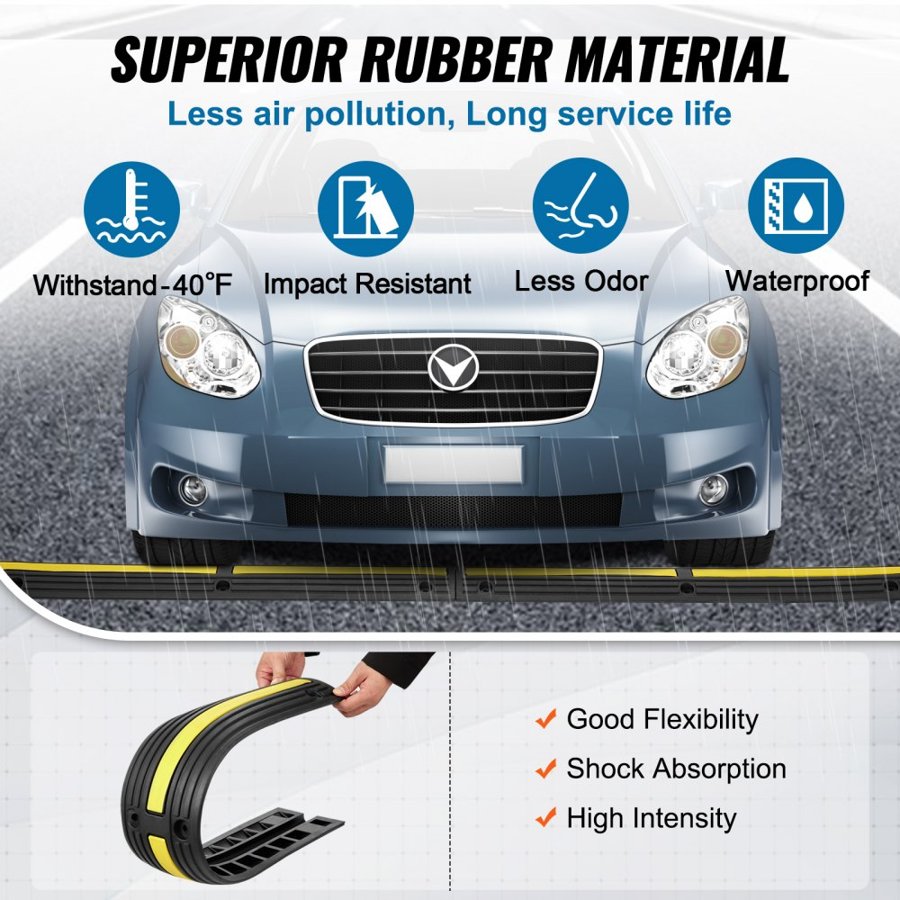 VEVOR Cable Protector Ramp 100x15x3.1 cm, 4 Pack of 1 Channel, 8164.7 kg/axle Capacity Heavy Duty Rubber Speed Bumps, Floor Cord Cable Protector Wire Cover, for Residential Areas, Private Garages, Gardens