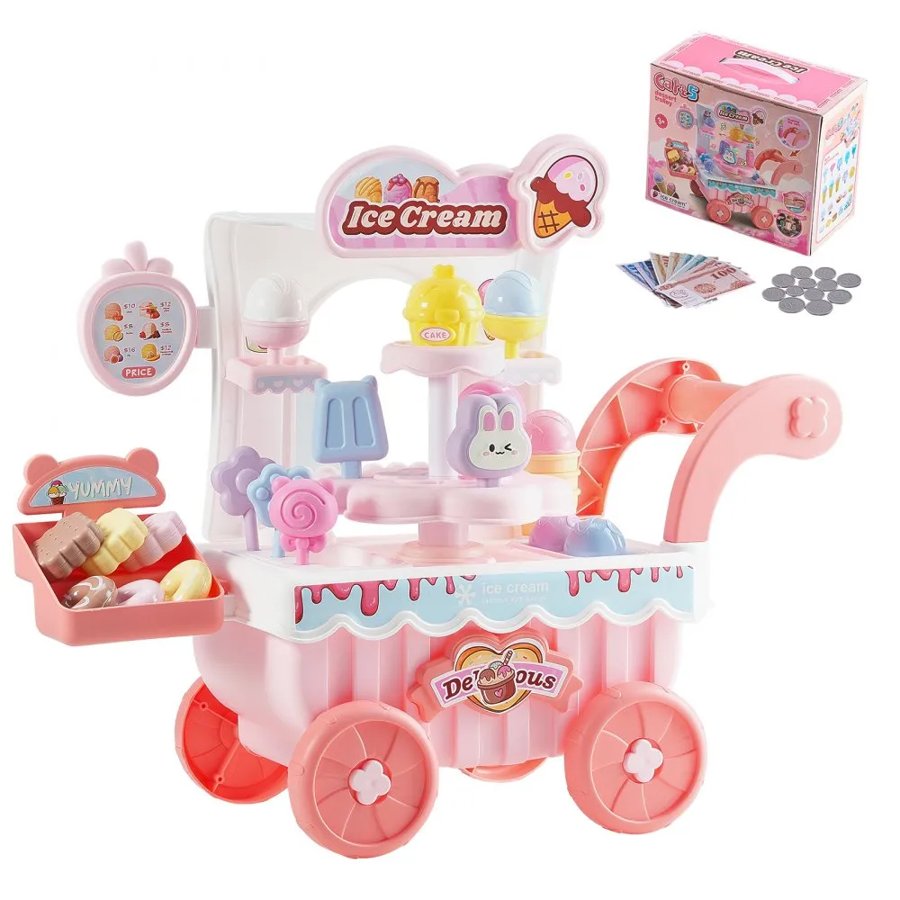 VEVOR Ice Cream Cart for Kids, 27 PCS Accessories, Pretend Play Store with Storage Trolley with Pretend Money, Sound & Light Effects, Montessori Educational Ice Cream Truck Toys for Toddlers 3+ (Pink)