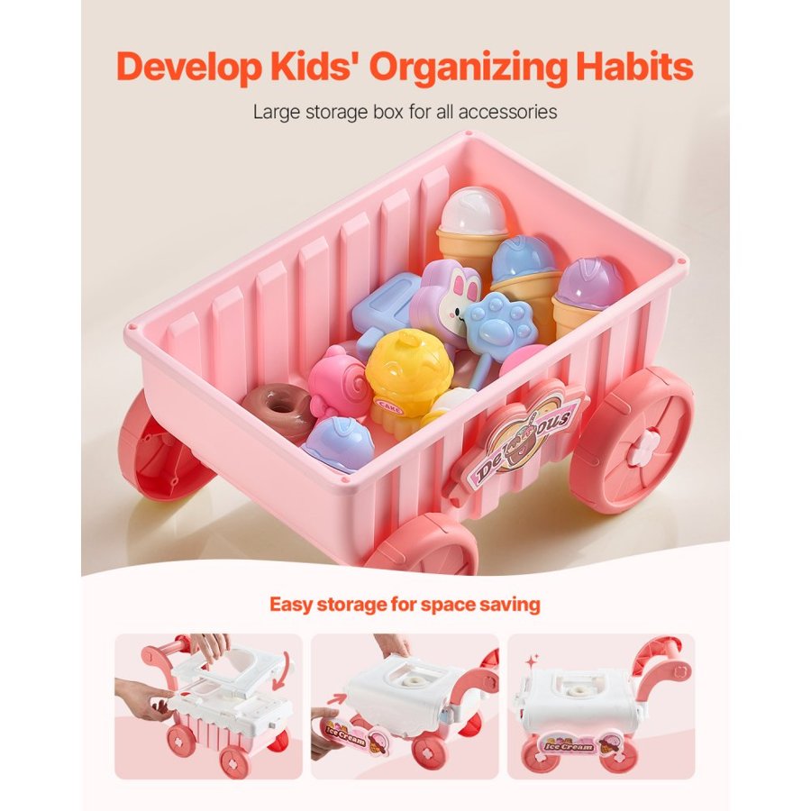 VEVOR Ice Cream Cart for Kids, 27 PCS Accessories, Pretend Play Store with Storage Trolley with Pretend Money, Sound & Light Effects, Montessori Educational Ice Cream Truck Toys for Toddlers 3+ (Pink)