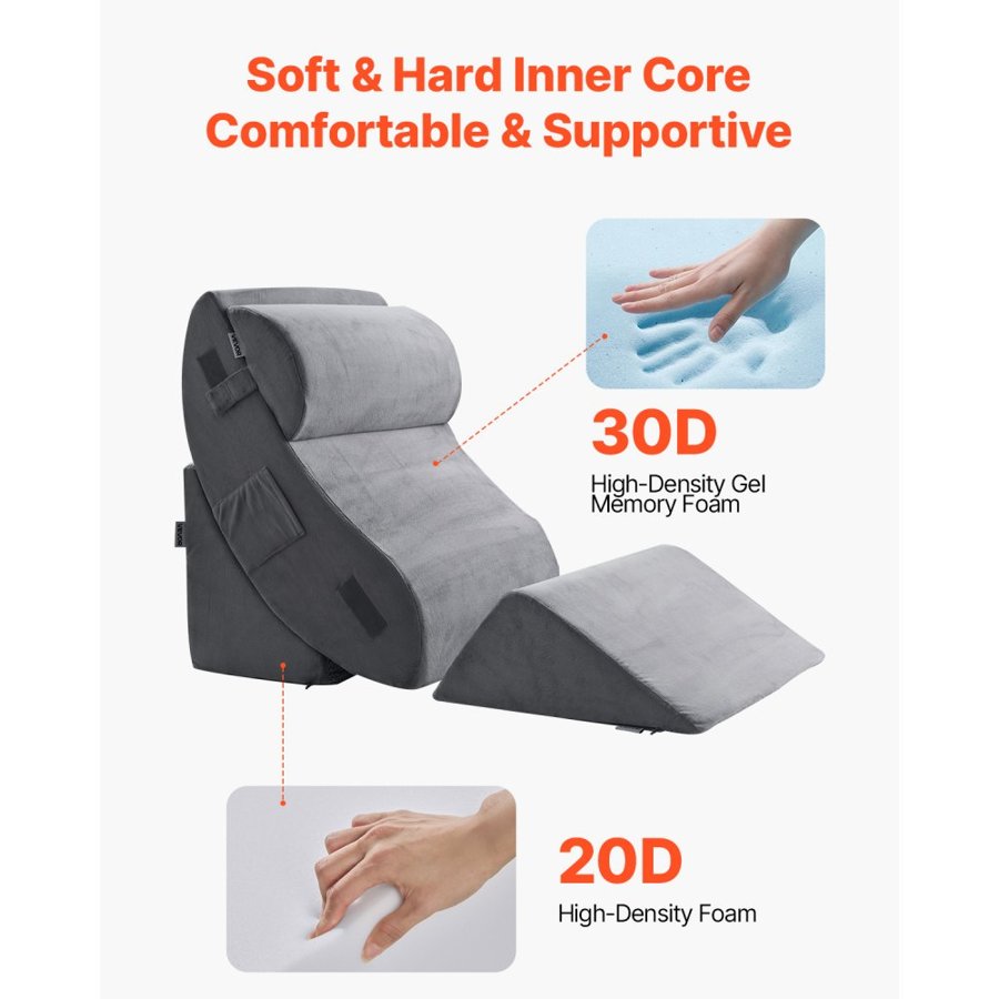 VEVOR Wedge Pillow for Sleeping, 4 Pcs Adjustable Orthopedic Bed Wedge Set, Support Leg Neck Shoulder, Post Surgery Pillow for Back Pain, Acid Reflux, Snoring Relief, Sitting up in Bed, Dark Grey