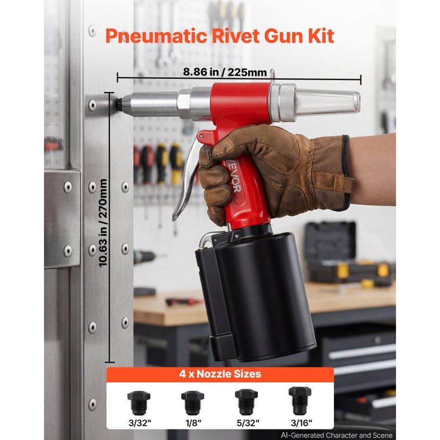 VEVOR Pneumatic Rivet Gun Kit with 2.4mm 3.2mm 4.0mm 4.8mm Nosepieces, 1100 KG Pulling Force, 3-Claw Secure Grip, Air Pop Riveter Tool for Automotive, Construction, Industrial Manufacturing