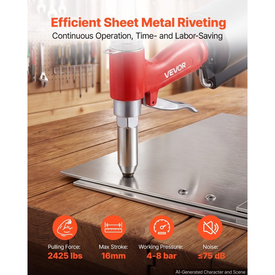 VEVOR Pneumatic Rivet Gun Kit with 2.4mm 3.2mm 4.0mm 4.8mm Nosepieces, 1100 KG Pulling Force, 3-Claw Secure Grip, Air Pop Riveter Tool for Automotive, Construction, Industrial Manufacturing