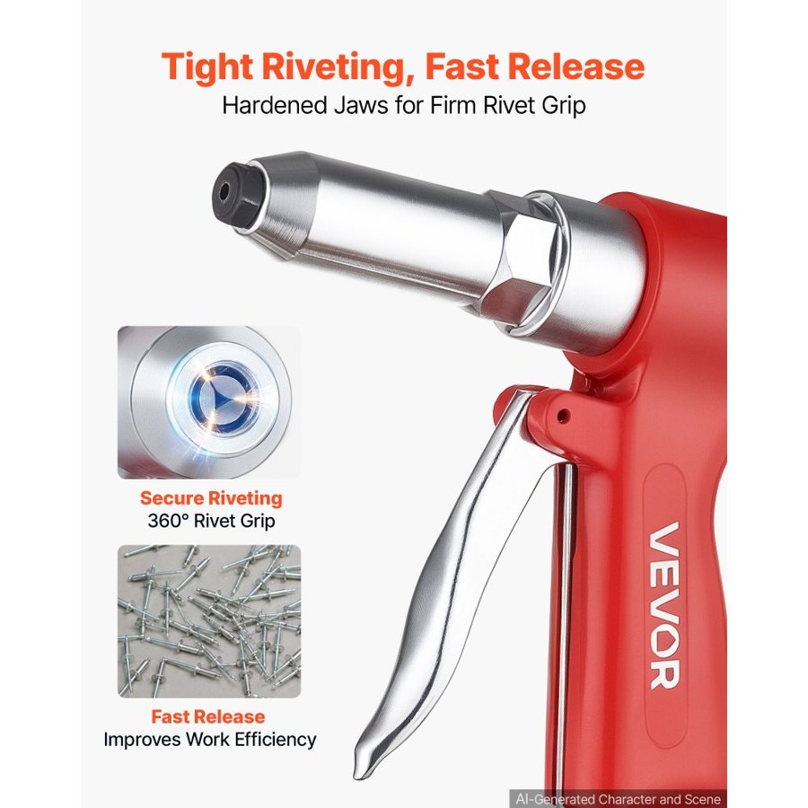 VEVOR Pneumatic Rivet Gun Kit with 2.4mm 3.2mm 4.0mm 4.8mm Nosepieces, 1100 KG Pulling Force, 3-Claw Secure Grip, Air Pop Riveter Tool for Automotive, Construction, Industrial Manufacturing
