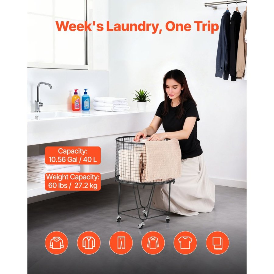 VEVOR Metal Rolling Laundry Cart – 60 LBS, 360°, 10.5 Gal