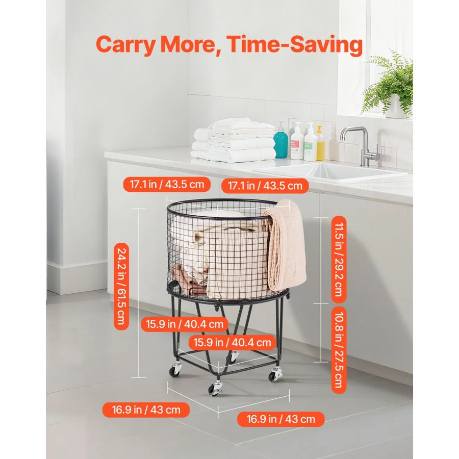 VEVOR Metal Rolling Laundry Cart – 60 LBS, 360°, 10.5 Gal