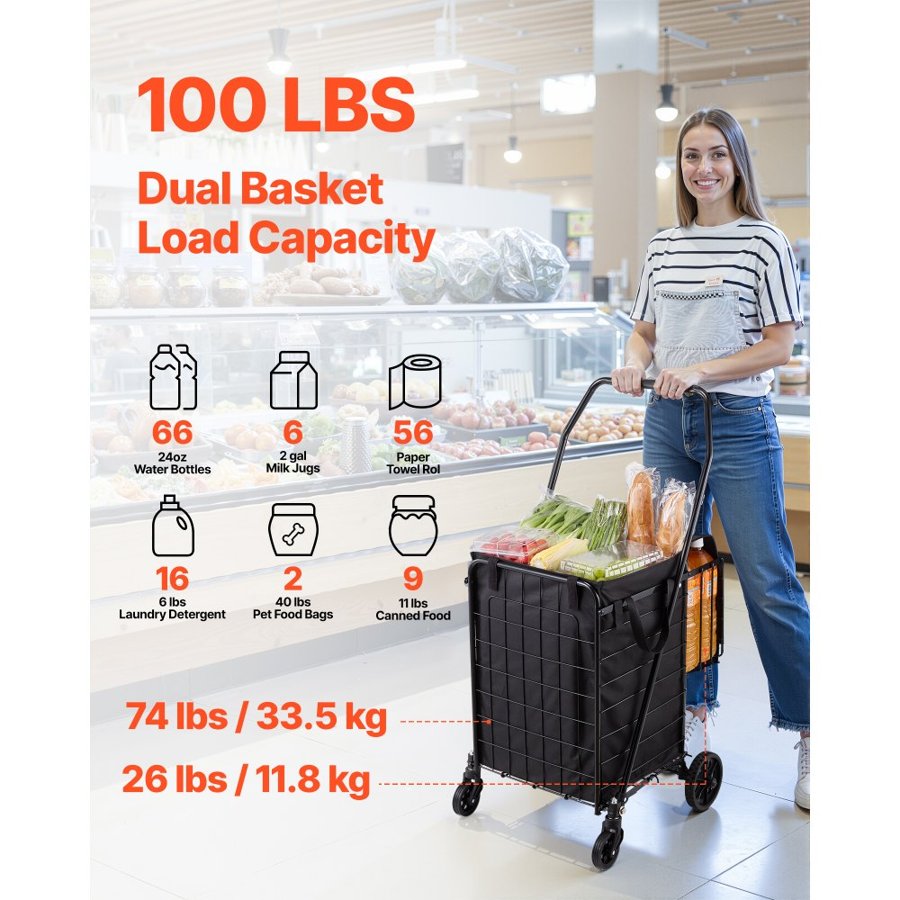 VEVOR Heavy Duty Folding Shopping Cart with Wheels – 100 LBS
