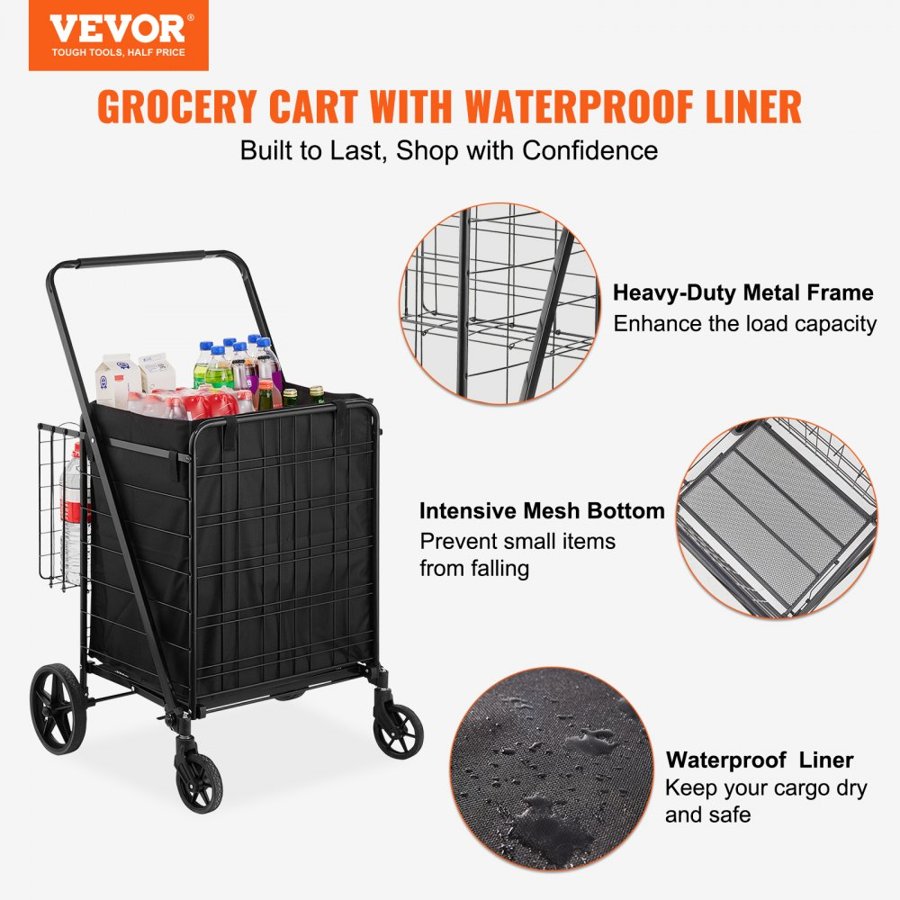 VEVOR Folding Shopping Cart with Wheels – 95.3 kg Capacity