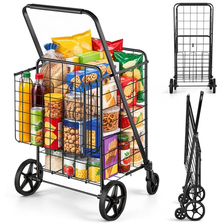 VEVOR Folding Shopping Cart, Jumbo Grocery Cart with Double Baskets, 360° Swivel Wheels, Heavy Duty Utility Cart, 50 kg Large Capacity Utility Cart for Laundry, Shopping, Grocery, Luggage
