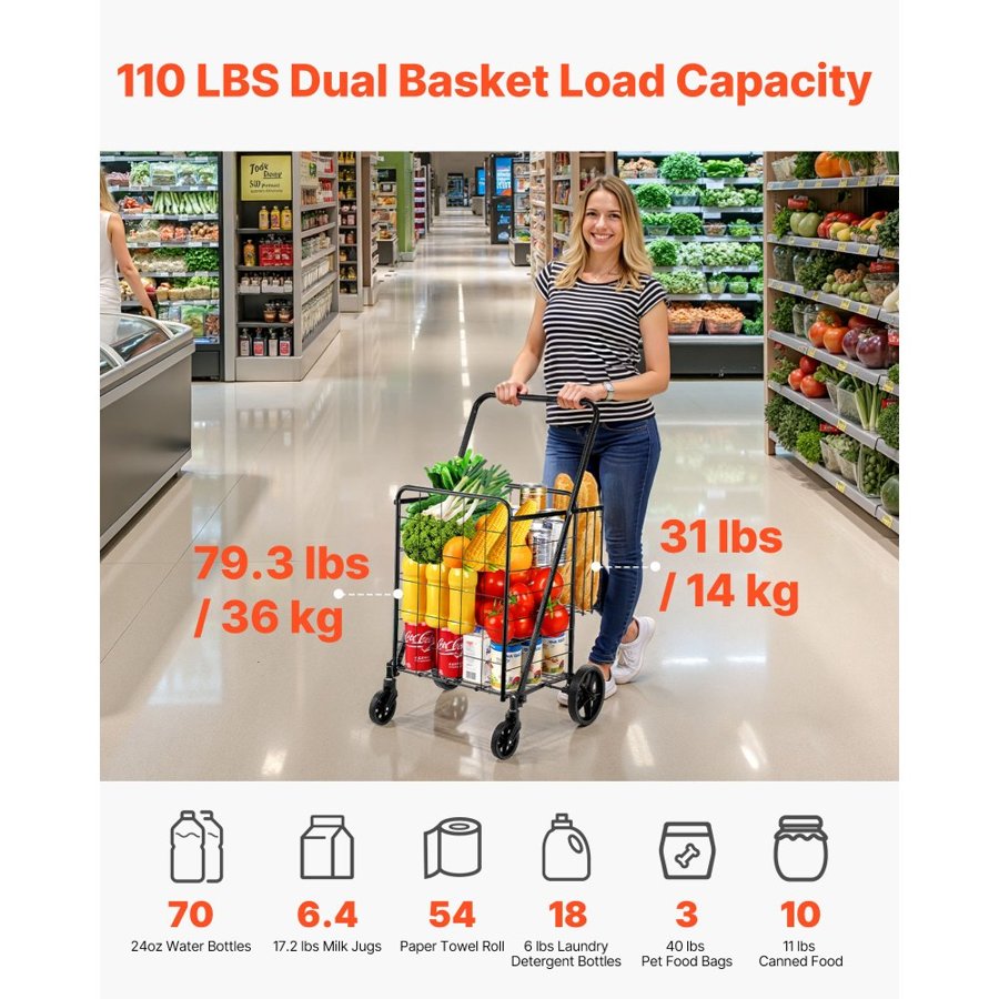 VEVOR Folding Shopping Cart, Jumbo Grocery Cart with Double Baskets, 360° Swivel Wheels, Heavy Duty Utility Cart, 50 kg Large Capacity Utility Cart for Laundry, Shopping, Grocery, Luggage