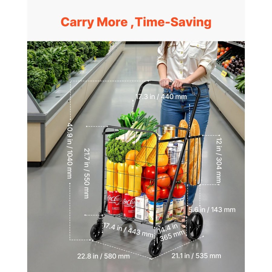 VEVOR Folding Shopping Cart, Jumbo Grocery Cart with Double Baskets, 360° Swivel Wheels, Heavy Duty Utility Cart, 50 kg Large Capacity Utility Cart for Laundry, Shopping, Grocery, Luggage
