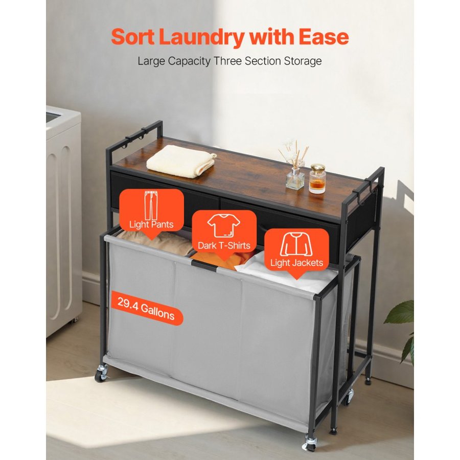 VEVOR 3 Section Laundry Sorter, Rolling Laundry Hamper with 2 Drawers, Hooks & Wheels, Rolling Basket Organizer Storage with Pull-Out Rolling Bags and Wooden Tabletop for Dirty Clothes, Bathroom