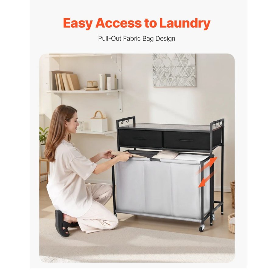 VEVOR 3 Section Laundry Sorter, Rolling Laundry Hamper with 2 Drawers, Hooks & Wheels, Rolling Basket Organizer Storage with Pull-Out Rolling Bags and Wooden Tabletop for Dirty Clothes, Bathroom