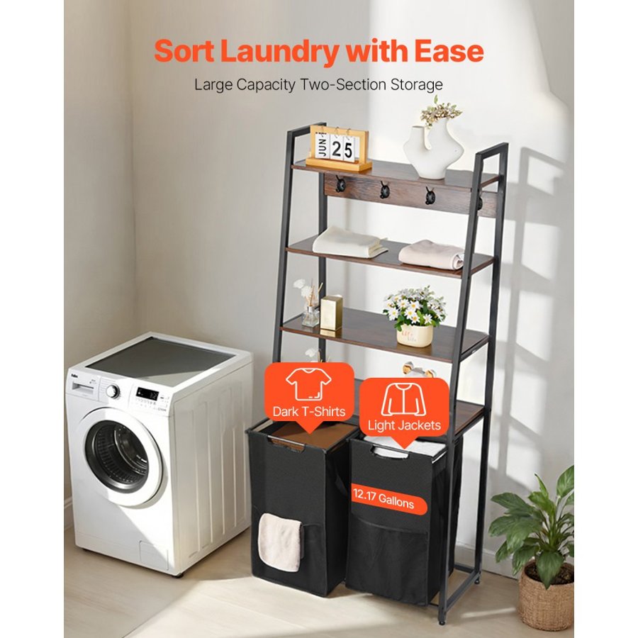 VEVOR 4 Tiers Laundry Sorter, Tall Laundry Hamper with Shelves and Hooks, 2 Section Freestanding Basket Organizer Storage with 600D Oxford Cloth Bags and Ladder Shelves for Dirty Clothes, Bathroom