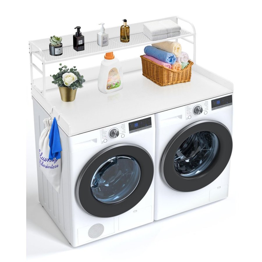 VEVOR Washer Dryer Countertop with 2-Tier Shelf, 54" x 27" Wooden Washer and Dryer Countertop with Anti-Slip Pads, Water-Resistant Laundry Topper Cover for Laundry Room Organization and Storage, White