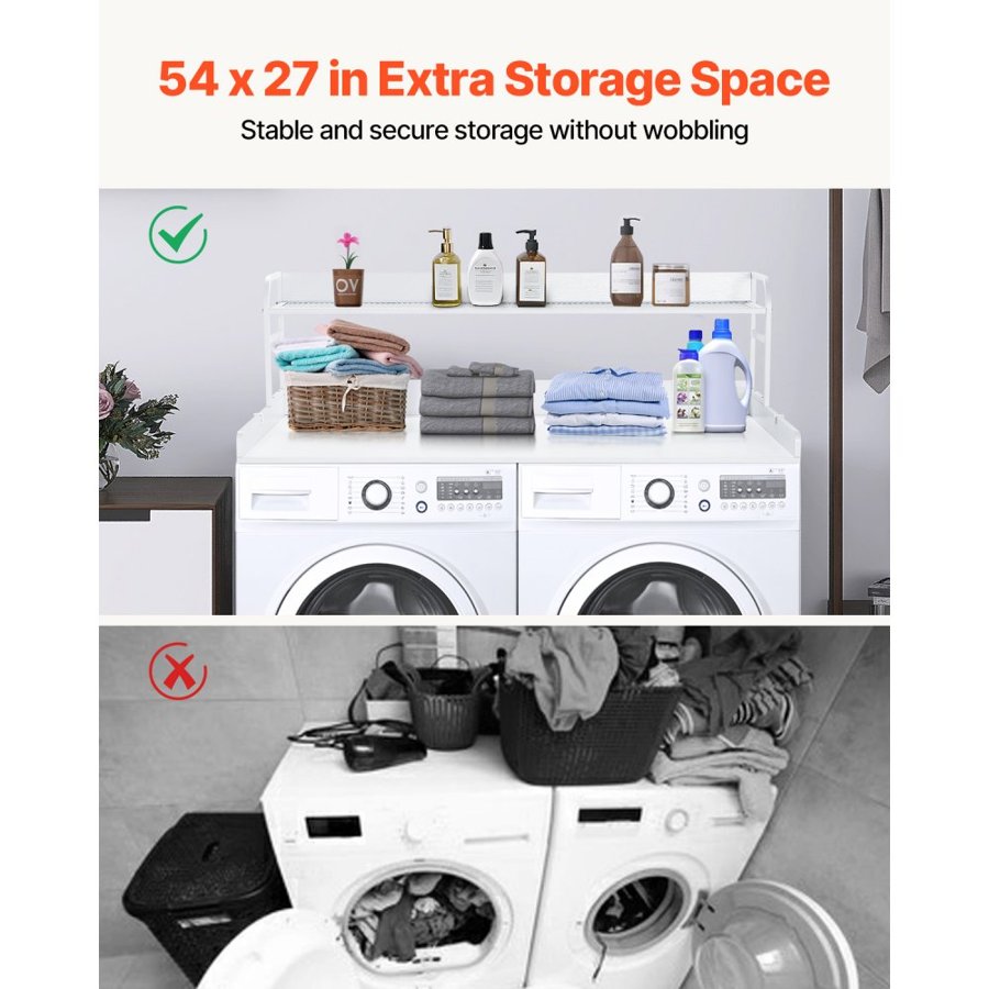 VEVOR Washer Dryer Countertop with 2-Tier Shelf, 54" x 27" Wooden Washer and Dryer Countertop with Anti-Slip Pads, Water-Resistant Laundry Topper Cover for Laundry Room Organization and Storage, White