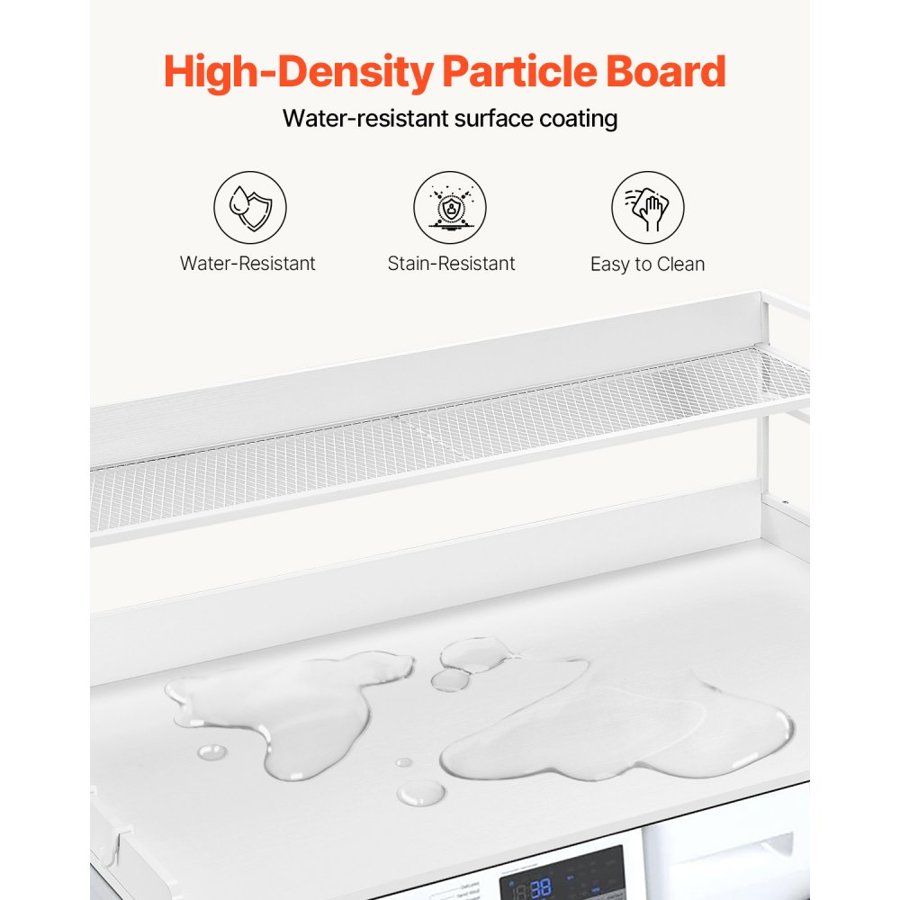 VEVOR Washer Dryer Countertop with 2-Tier Shelf, 54" x 27" Wooden Washer and Dryer Countertop with Anti-Slip Pads, Water-Resistant Laundry Topper Cover for Laundry Room Organization and Storage, White