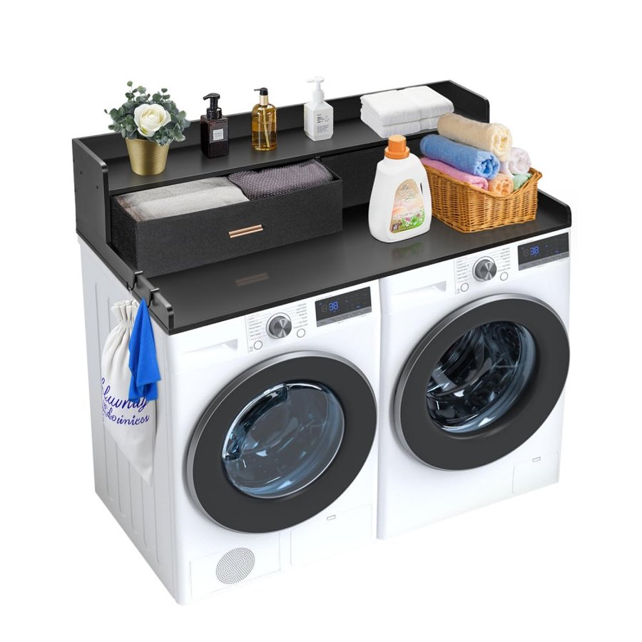 VEVOR 2 Drawers Washer Dryer Countertop with 2-Tier Shelf, 54" x 27" Wooden Washer and Dryer Countertop with Non-Slip Pads, Water-Resistant Laundry Topper for Laundry Room Organization, Black