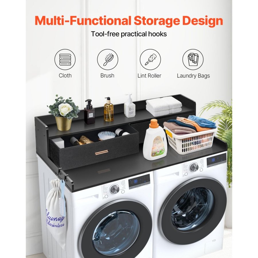 VEVOR 2 Drawers Washer Dryer Countertop with 2-Tier Shelf, 54" x 27" Wooden Washer and Dryer Countertop with Non-Slip Pads, Water-Resistant Laundry Topper for Laundry Room Organization, Black