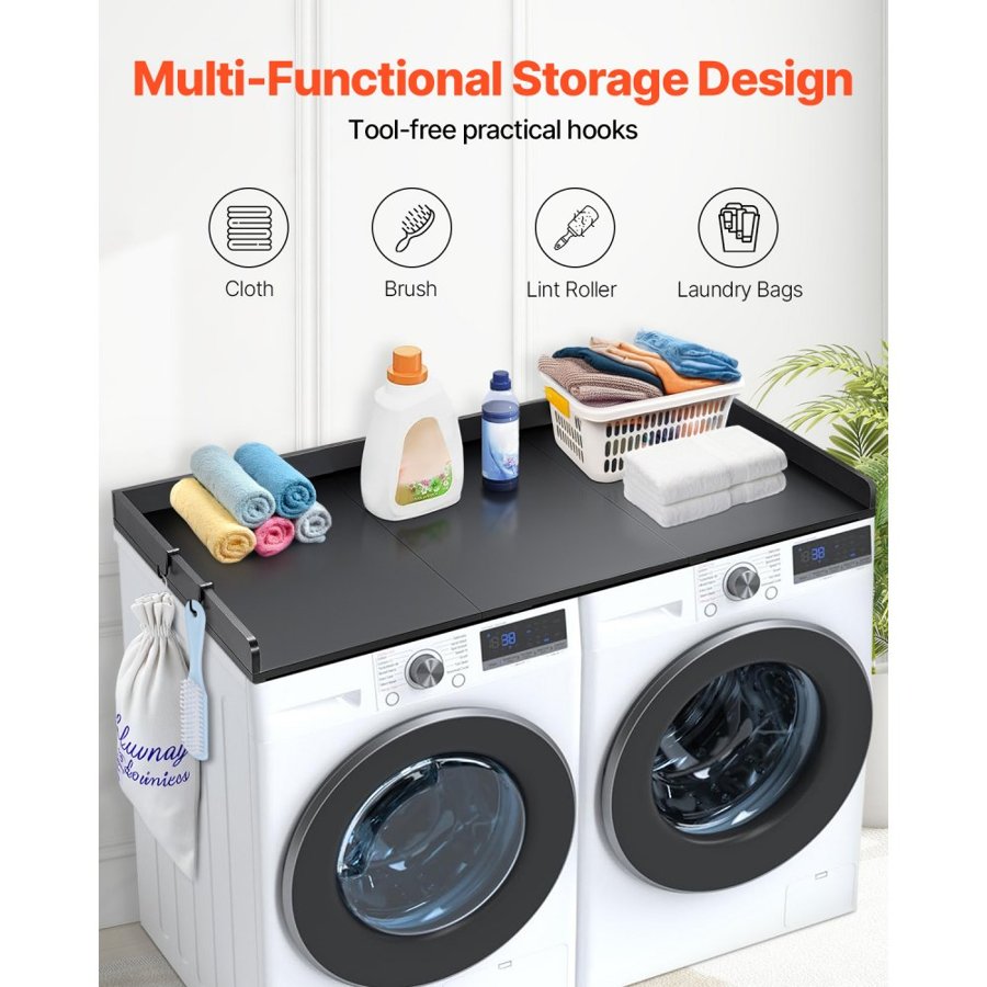 VEVOR Washer Dryer Countertop with 3 Splicing Panels, 54" x 27" Wooden Washer and Dryer Countertop with Non-Slip Pads, Water-Resistant Laundry Topper for Laundry Room Organization and Storage, Black