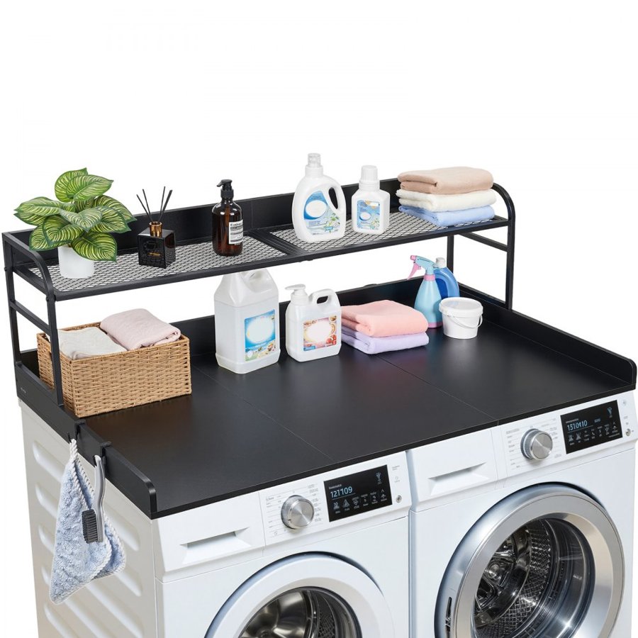 VEVOR Washer Dryer Countertop with Shelf, 137 x 69.9 cm Wooden Washer and Dryer Topper with Edge and 2 Hooks, Laundry Machine Topper for Laundry Closet Pantry Counter Organization and Storage, Black