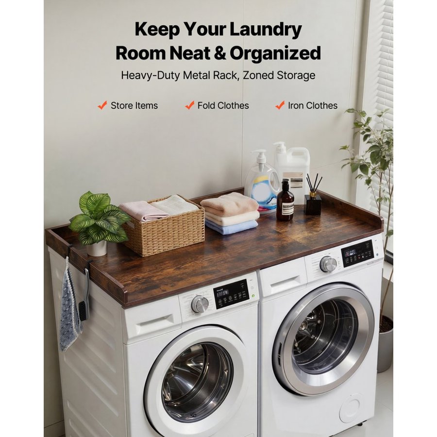 VEVOR Washer Dryer Countertop, 137 x 69.9 cm Wooden Washer and Dryer Topper with Edge & Hooks, Water-Resistant Laundry Machine Topper for Laundry Closet Pantry Counter Organization and Storage, Brown