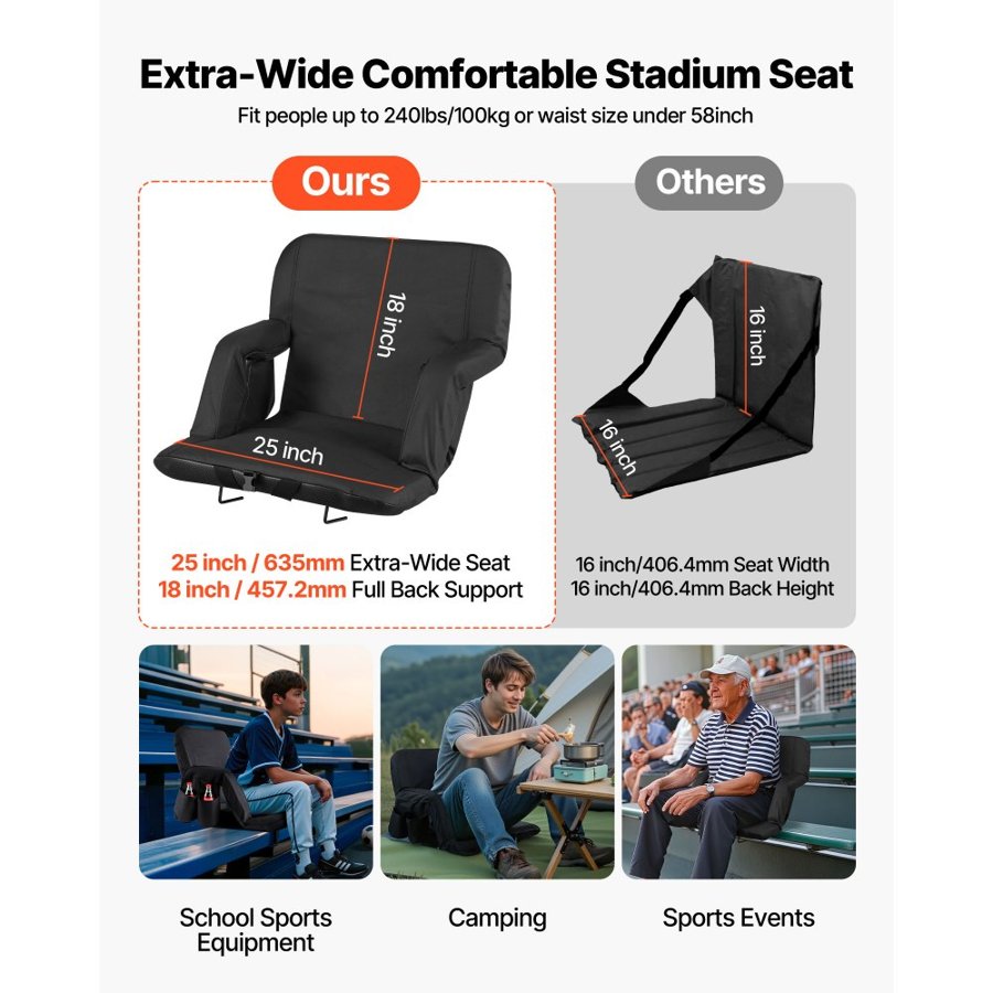 VEVOR Portable Stadium Seat – 6-Position Recline, 25" Wide