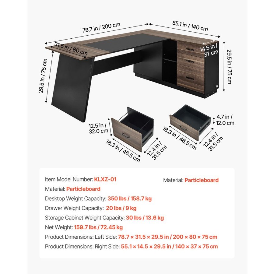 VEVOR L Shape Executive Desk with Drawers – 350lbs, 159.7lbs