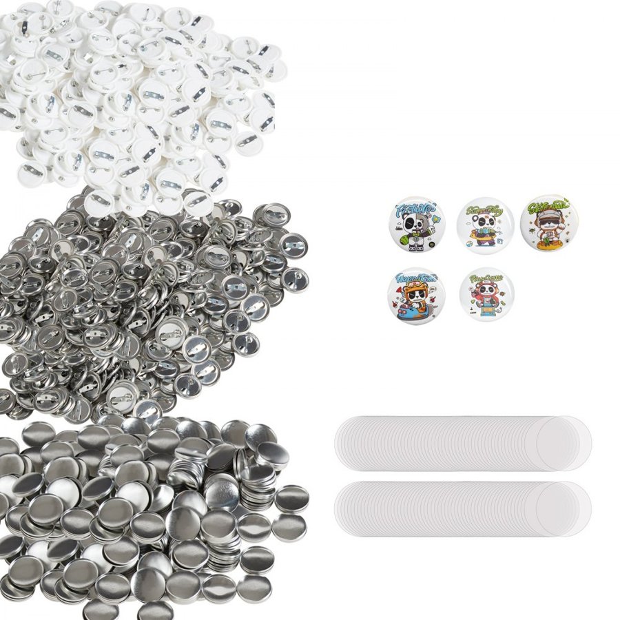 VEVOR 500 Sets 1 inch 25mm Pin Back Button Parts, DIY Round Button Badge Parts, Set Includes Metal Top, Plastic/Metal Button, Clear Film, and Blank Paper For Gifts Presents, Machine NOT Included