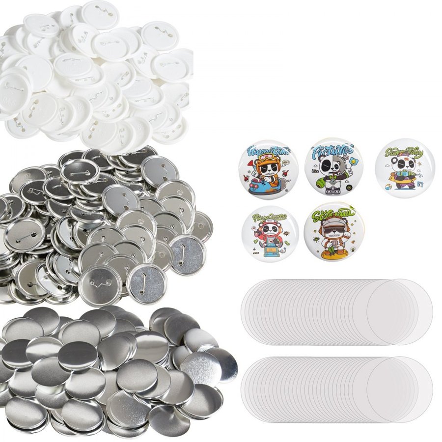 VEVOR 500 Sets 2.25 inch 58mm Pin Back Button Parts, DIY Round Button Badge Parts, Set Includes Metal Top, Plastic/Metal Button, Clear Film, and Blank Paper For Gifts Presents, Machine NOT Included