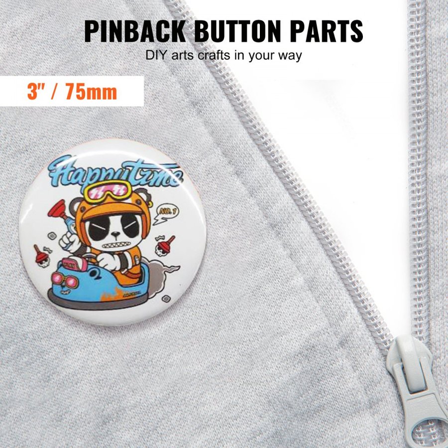 VEVOR 200 Sets 3 inch 75mm Pin Back Button Parts, DIY Round Button Badge Parts, Set Includes Metal Top, Plastic/Metal Button, Clear Film, and Blank Paper For Gifts Presents, Machine NOT Included