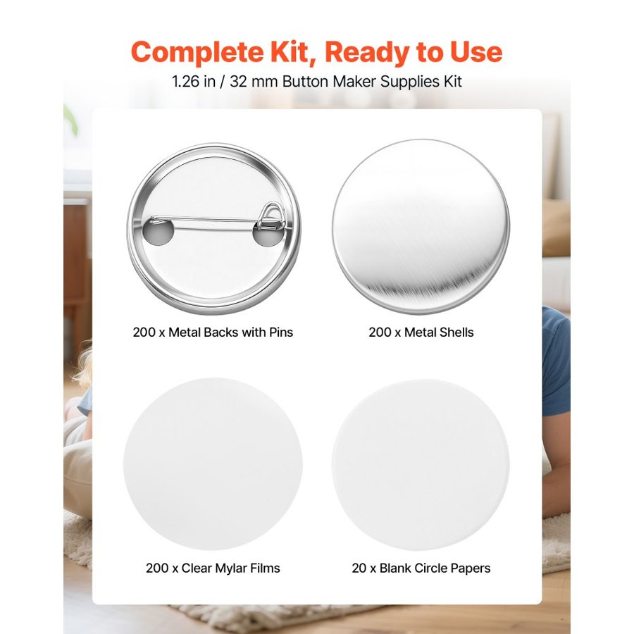 VEVOR Button Maker Supplies 200 Sets 1.26 in / 32 mm Pin Back Button Parts, with Metal Backs, Metal Shells, Clear Mylar Films, and Blank Circle Papers, for Home DIY, School Events, and Custom Studio