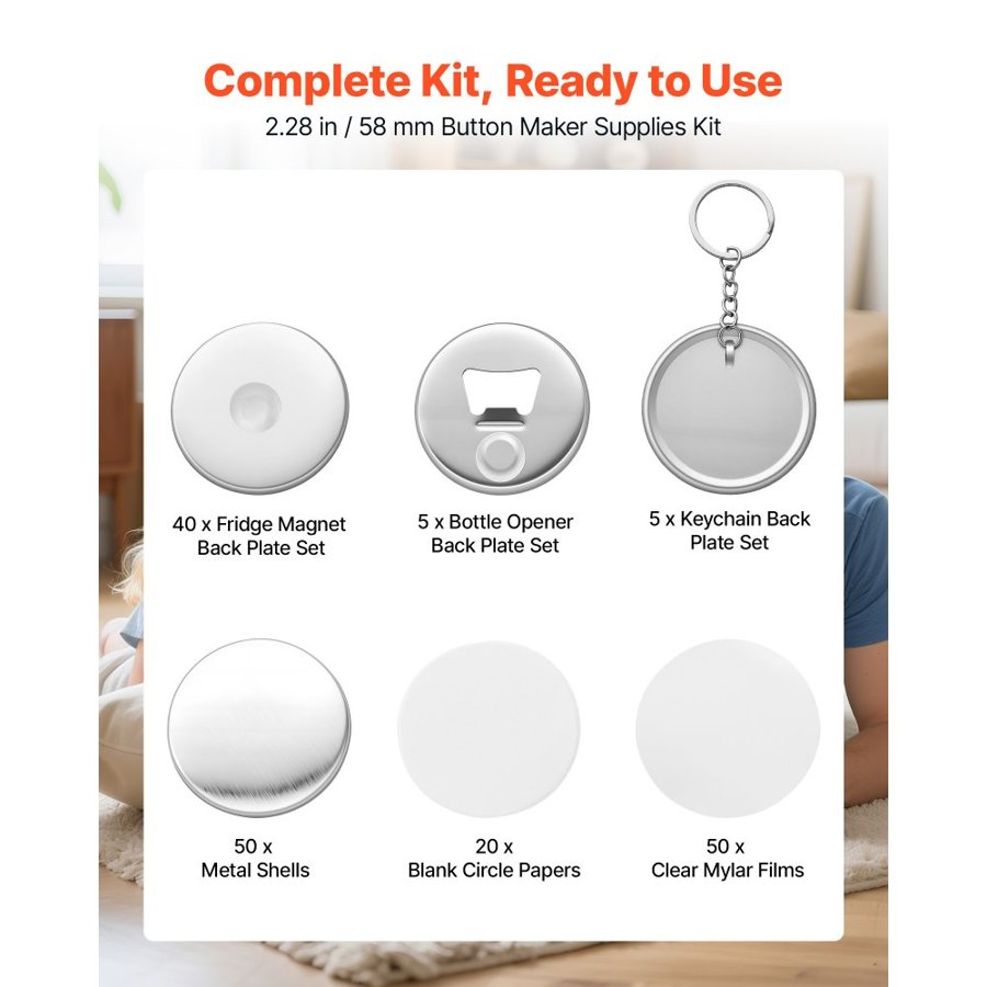 VEVOR Button Maker Supplies 50 Sets 2.28 in / 58 mm Refrigerator Magnets, Bottle Openers, and Keychains Button Parts with Backs, Shells, Clear Mylar Films, and Blank Circle Papers, for Home DIY