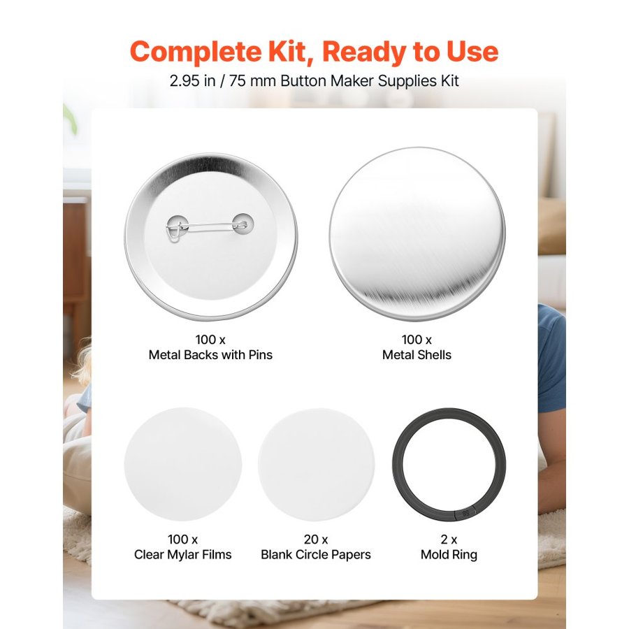 VEVOR Button Maker Supplies 100 Sets 2.95 in / 75 mm Pin Back Button Parts, with Metal Backs, Metal Shells, Clear Mylar Films, and Blank Circle Papers, for Home DIY, School Events, and Custom Studio