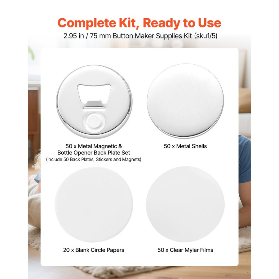 VEVOR Button Maker Supplies 50 Sets 2.95 in / 75 mm Magnet Button Parts, with Magnetic and Bottle Opener Backs, Metal Shells, Clear Mylar Films, and Blank Circle Papers, for Home DIY, Kitchen Decor