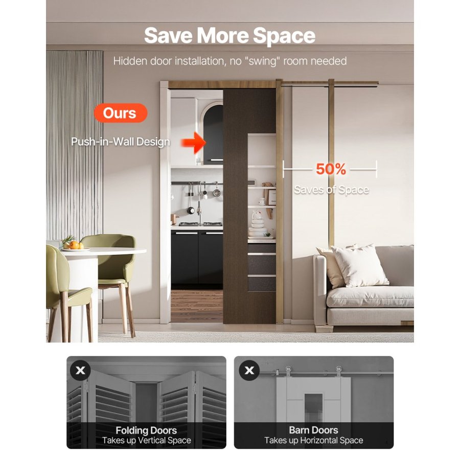 VEVOR Pocket Door Frame Kit, for 610-762mm Wide 2032mm High Door, Pocket Door Kit with Two-Way Soft Close Mechanism, Slide Smoothly Quietly, Easy to Install, Wood and Galvanized Steel, for Living Room