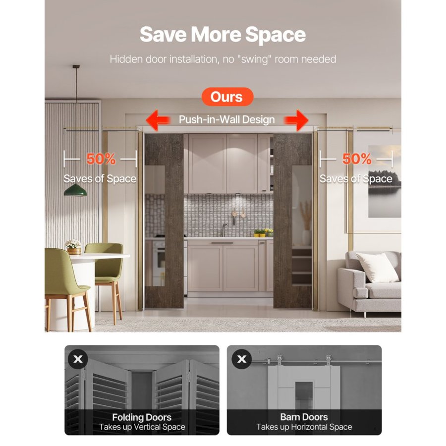 VEVOR Pocket Door Frame Kit, for 1219-1829mm Wide 2032mm High Door, Pocket Door Kit with Two-Way Soft Close Mechanism, Slide Smoothly Quietly, Easy to Install, Wood and Galvanized Steel, for Bedroom