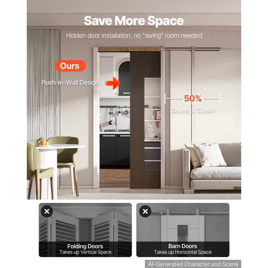 VEVOR Pocket Door Frame Kit 711.2 mm Pocket Door Kit with Steel Studs, For Home Doors, Two-Way Soft Close Mechanism, Smooth & Quiet Sliding, Space-Saving Hidden Installation, Adjustable Width