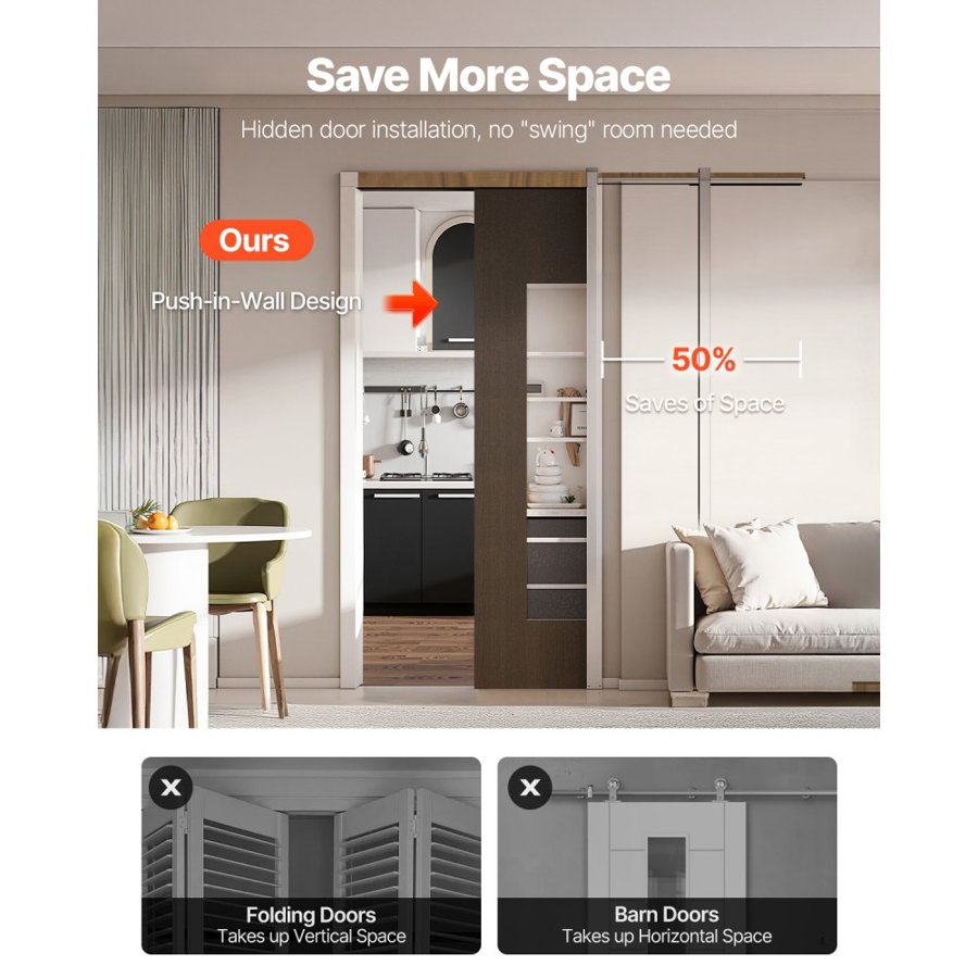 VEVOR Pocket Door Frame Kit, for 610-914mm Wide 2134mm High Door, Pocket Door Kit with Two-Way Soft Close Mechanism, Slide Smoothly Quietly, Easy to Install, Premium Galvanized Steel, for Living Room
