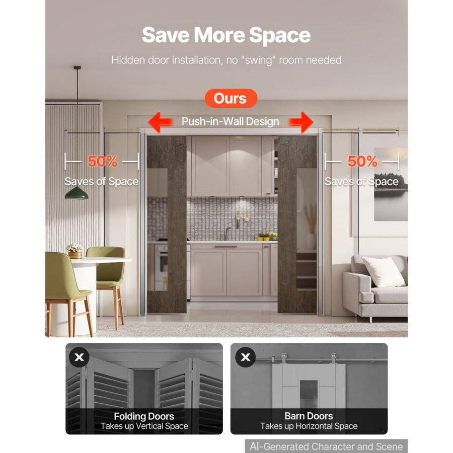 VEVOR Pocket Door Frame Kit 1828.8 mm Pocket Door Kit with Steel Studs, For Home Doors, Two-Way Soft Close Mechanism, Smooth & Quiet Sliding, Space-Saving Hidden Installation, Adjustable Width