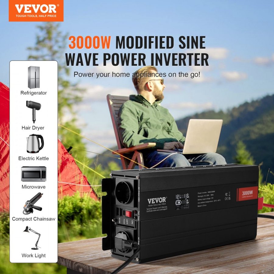 VEVOR 3000 Watt Modified Sine Wave Inverter – 12V to 230V