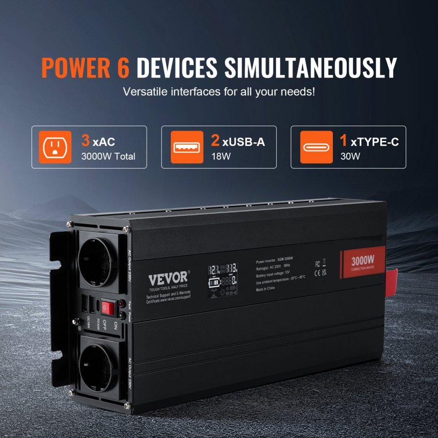 VEVOR 3000 Watt Modified Sine Wave Inverter – 12V to 230V