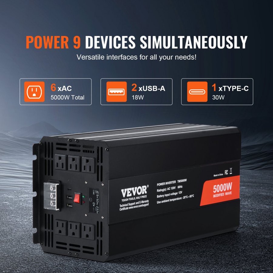 VEVOR Modified Sine Wave Inverter – 5000W, 12V to 230V