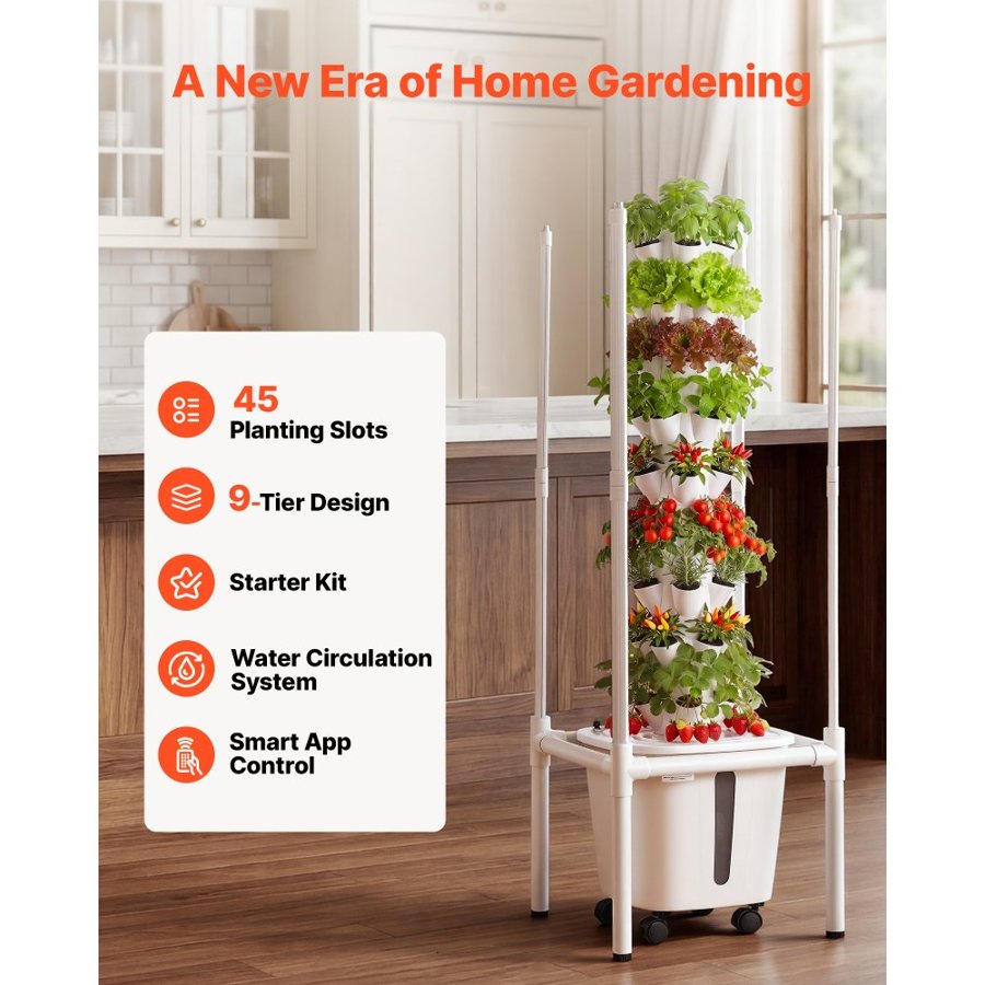 VEVOR Hydroponic Tower with Lights – 45 Pods, Full-Spectrum